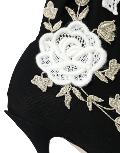 Dolce & Gabbana Black White Floral Embroidered Slip-On Boots for Women