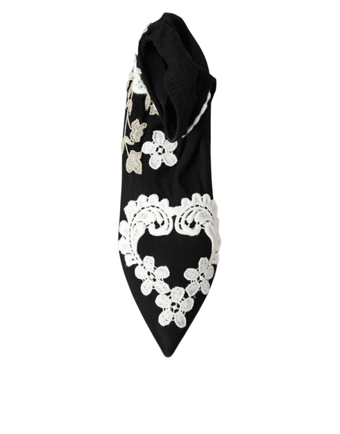 Dolce & Gabbana Black White Floral Embroidered Slip-On Boots for Women