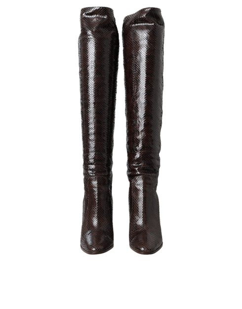 Dolce & Gabbana High Boots in Brown Exotic Python Leather with Glossy Finish - Women’s