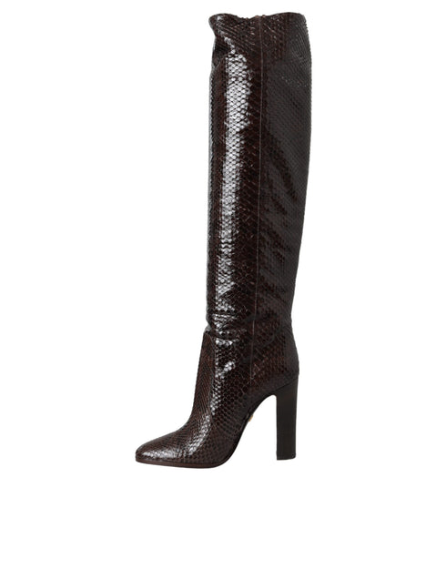 Dolce & Gabbana High Boots in Brown Exotic Python Leather with Glossy Finish - Women’s