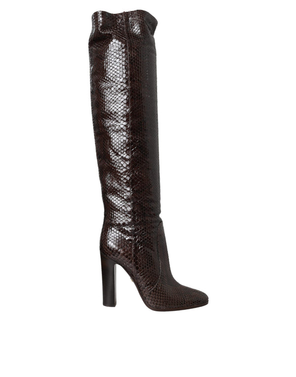 Dolce & Gabbana High Boots in Brown Exotic Python Leather with Glossy Finish - Women’s