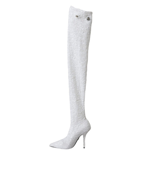 Dolce & Gabbana White Sequin Knee-High Stiletto Boots for Women