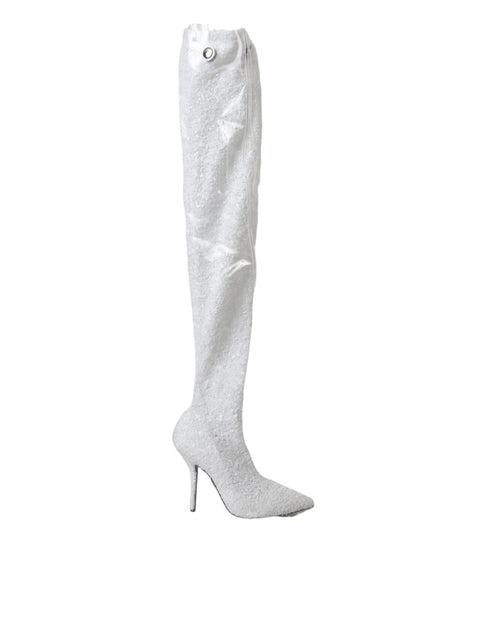 Dolce & Gabbana White Sequin Knee-High Stiletto Boots for Women