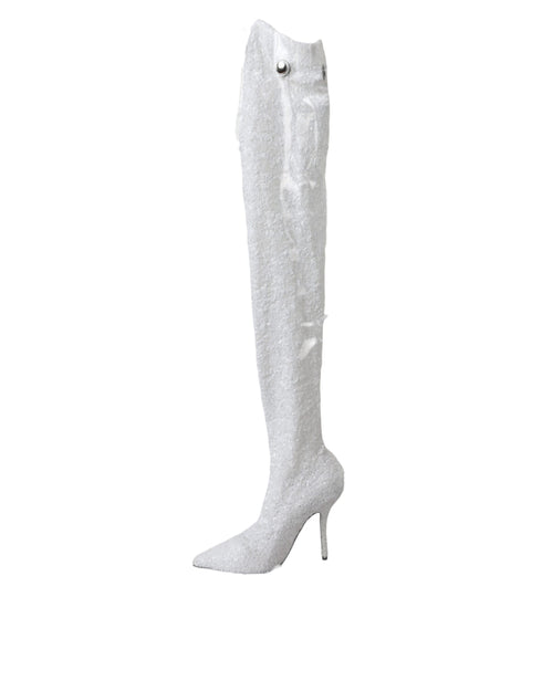 Dolce & Gabbana White Sequin Knee-High Stiletto Boots for Women