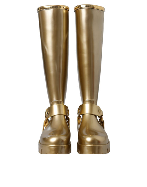 Dolce & Gabbana Gold Knee High Rubber Rain Boots for Women