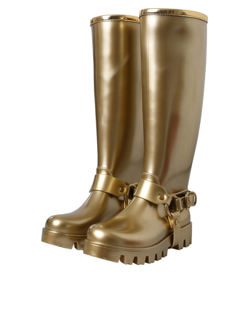 Dolce & Gabbana Gold Knee High Rubber Rain Boots for Women