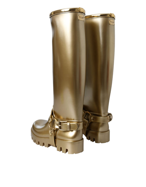 Dolce & Gabbana Gold Knee High Rubber Rain Boots for Women