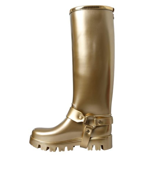 Dolce & Gabbana Gold Knee High Rubber Rain Boots for Women