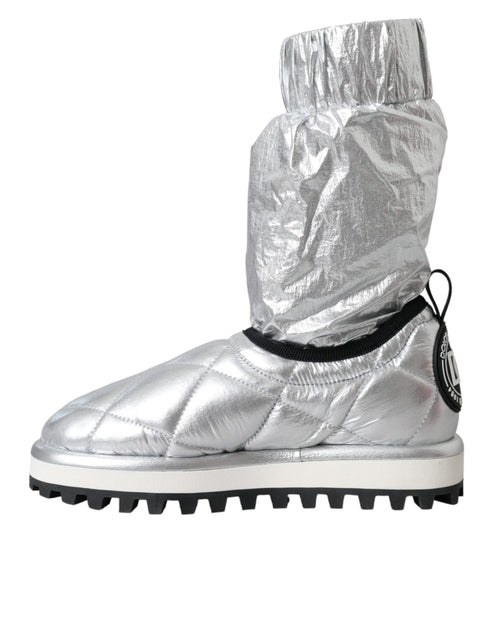 Dolce & Gabbana Metallic Silver Quilted Mid-Calf Boots – Women’s Nylon Logo Patch