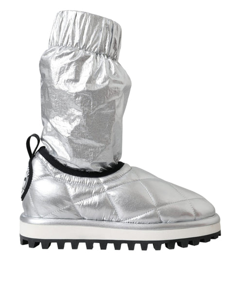 Dolce & Gabbana Metallic Silver Quilted Mid-Calf Boots – Women’s Nylon Logo Patch