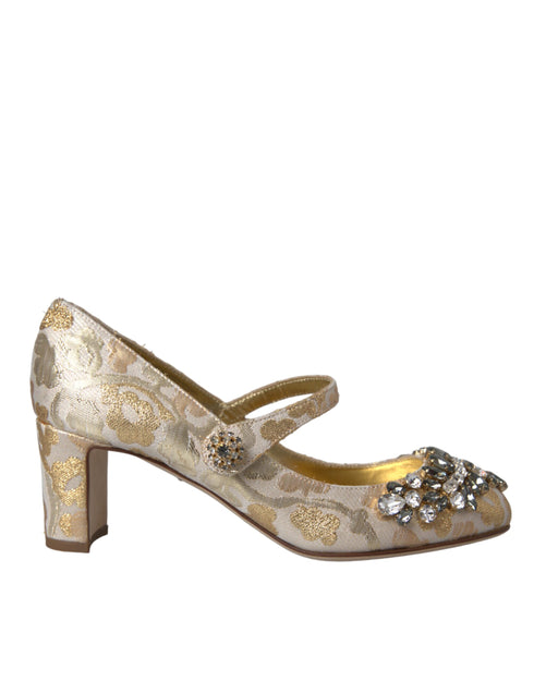 Dolce & Gabbana Gold Jacquard Crystal Mary Jane Pumps – Women’s Mid Heels Dress Shoes
