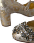 Dolce & Gabbana Gold Jacquard Crystal Mary Jane Pumps – Women’s Mid Heels Dress Shoes
