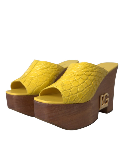 Dolce & Gabbana Yellow Leather Mule Wedge Slides – Women's Logo Platform Sandals