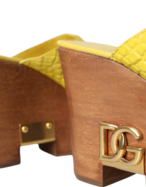 Dolce & Gabbana Yellow Leather Mule Wedge Slides – Women's Logo Platform Sandals
