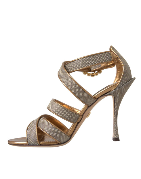 Dolce & Gabbana Stiletto Sandals Bronze Crystal Strap Heels Gold Leather - Women’s Shoes
