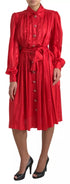 Dolce & Gabbana Red Button Down Belted Midi Satin Silk Dress
