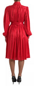 Dolce & Gabbana Red Button Down Belted Midi Satin Silk Dress