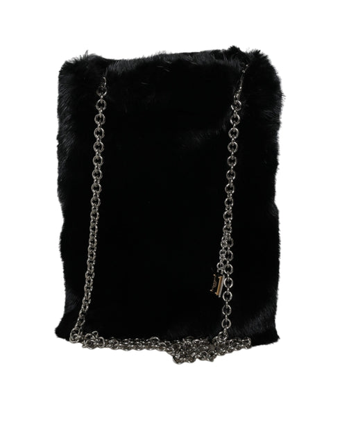 Dolce & Gabbana Black Faux Fur Crossbody Bag with Silver Chain for Women