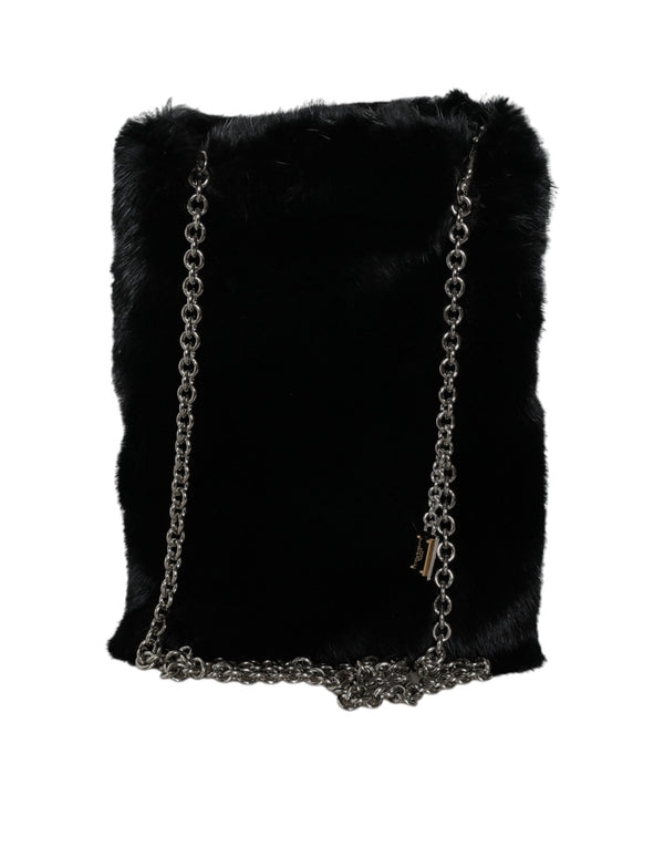 Dolce & Gabbana Black Faux Fur Crossbody Bag with Silver Chain for Women