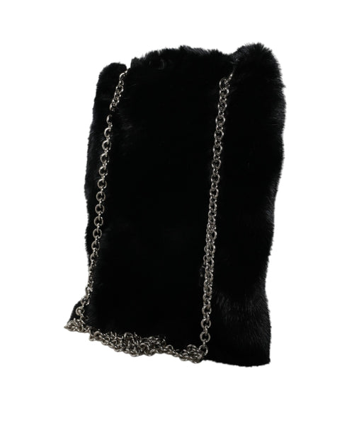 Dolce & Gabbana Black Faux Fur Crossbody Bag with Silver Chain for Women
