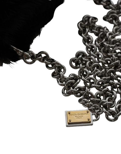 Dolce & Gabbana Black Faux Fur Crossbody Bag with Silver Chain for Women