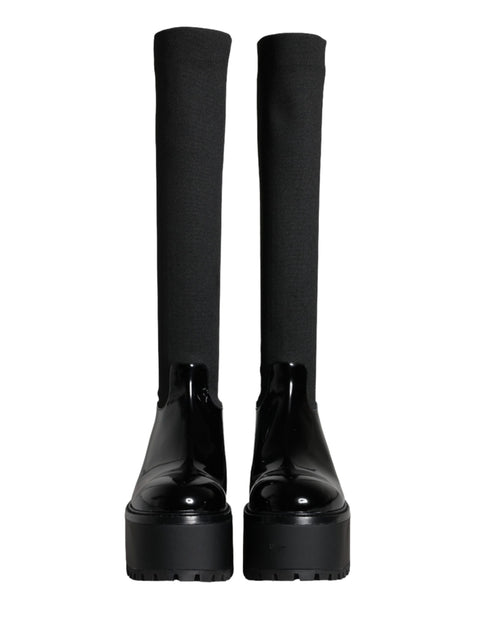 Dolce & Gabbana Knee High Boots Black Leather Jersey Stretch Platform for Women