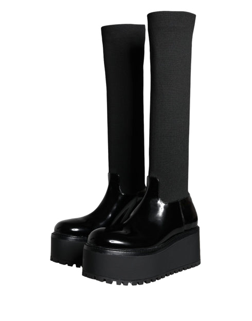 Dolce & Gabbana Knee High Boots Black Leather Jersey Stretch Platform for Women