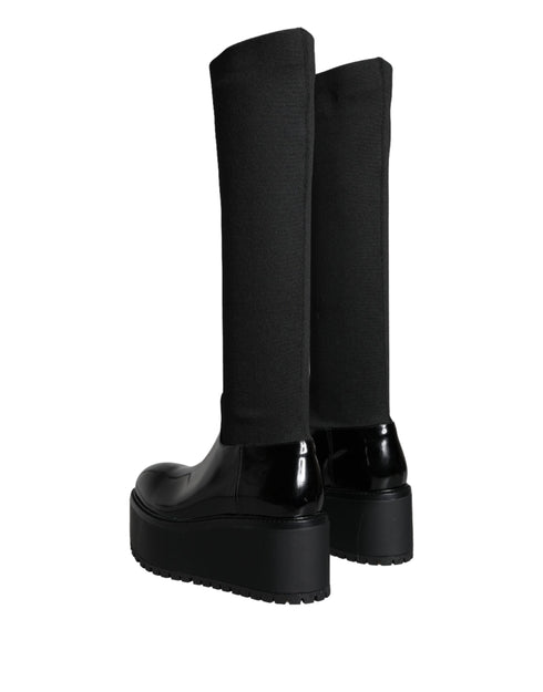 Dolce & Gabbana Knee High Boots Black Leather Jersey Stretch Platform for Women