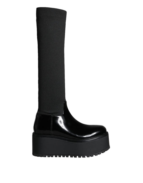 Dolce & Gabbana Knee High Boots Black Leather Jersey Stretch Platform for Women