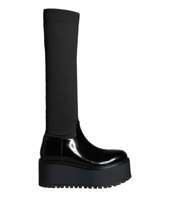 Dolce & Gabbana Knee High Boots Black Leather Jersey Stretch Platform for Women