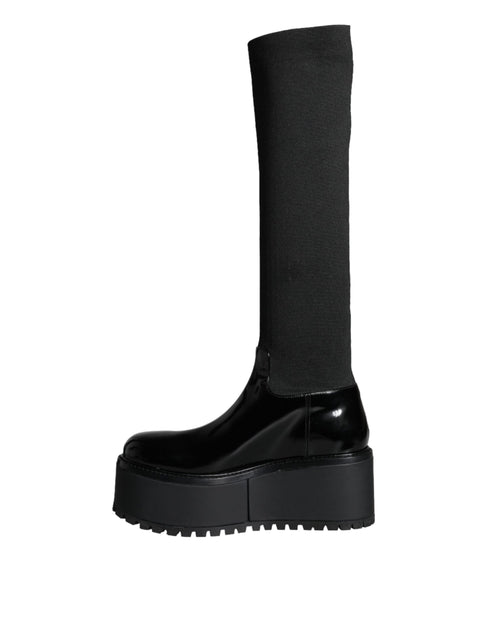 Dolce & Gabbana Knee High Boots Black Leather Jersey Stretch Platform for Women