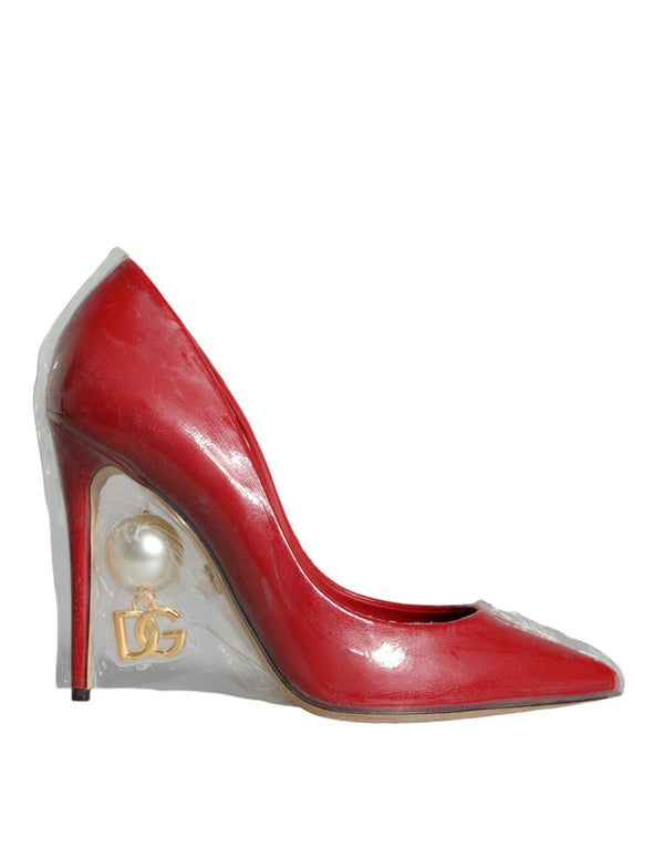 Dolce & Gabbana Women's Red Patent Leather Faux Pearl Detail Heels Pumps Shoes
