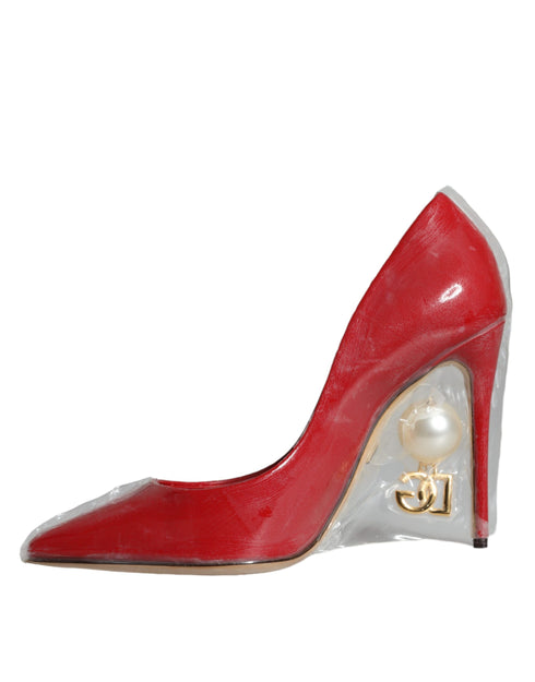 Dolce & Gabbana Women's Red Patent Leather Faux Pearl Detail Heels Pumps Shoes
