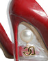 Dolce & Gabbana Women's Red Patent Leather Faux Pearl Detail Heels Pumps Shoes