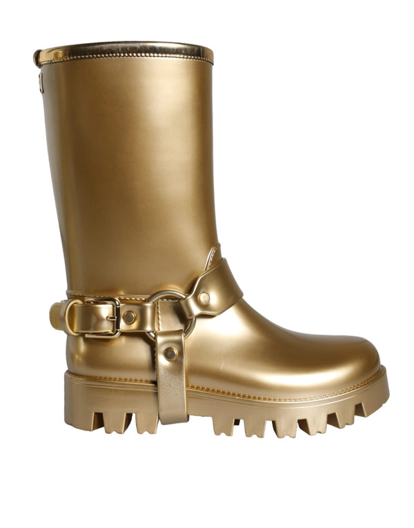 Dolce & Gabbana Metallic Gold Rubber PVC Rain Boots – Women’s Luxury Shoes