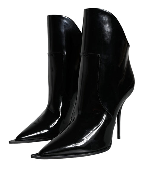 Dolce & Gabbana Black Patent Leather Ankle Boots | Women’s Pointed Toe Heels
