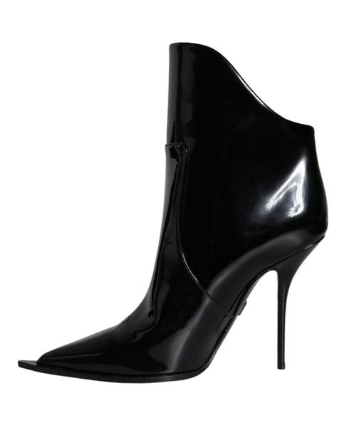 Dolce & Gabbana Black Patent Leather Ankle Boots | Women’s Pointed Toe Heels