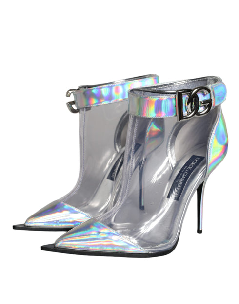 Dolce & Gabbana Women’s Silver Iridescent PVC Pointed Ankle Boots – High Heels Shoes