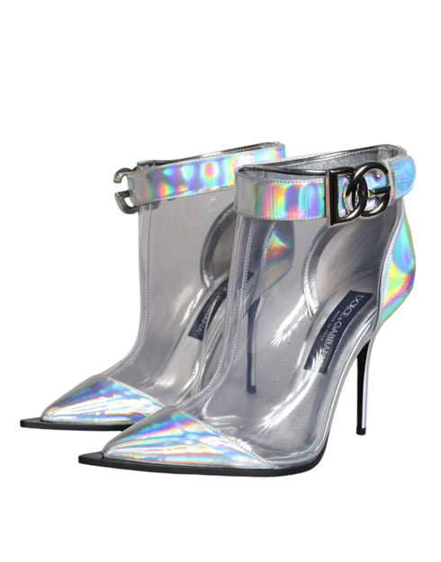 Dolce & Gabbana Women’s Silver Iridescent PVC Pointed Ankle Boots – High Heels Shoes