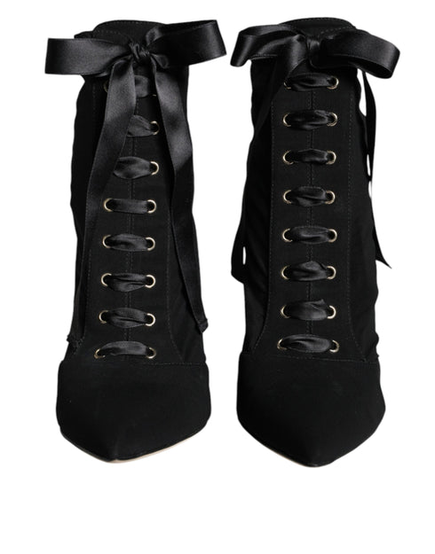 Dolce & Gabbana Black Stretch Jersey Ankle Boots – Women's Suede Lace-Up Booties