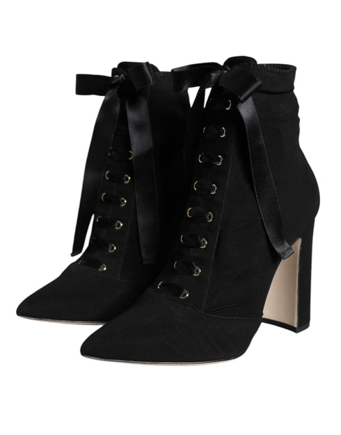 Dolce & Gabbana Black Stretch Jersey Ankle Boots – Women's Suede Lace-Up Booties