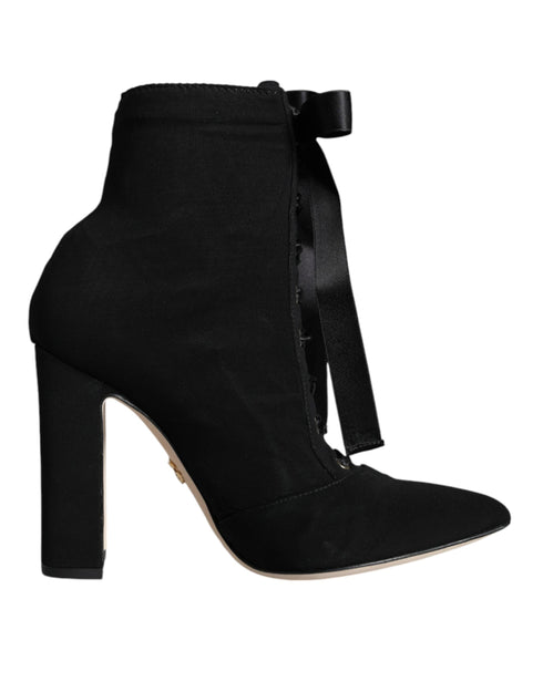 Dolce & Gabbana Black Stretch Jersey Ankle Boots – Women's Suede Lace-Up Booties