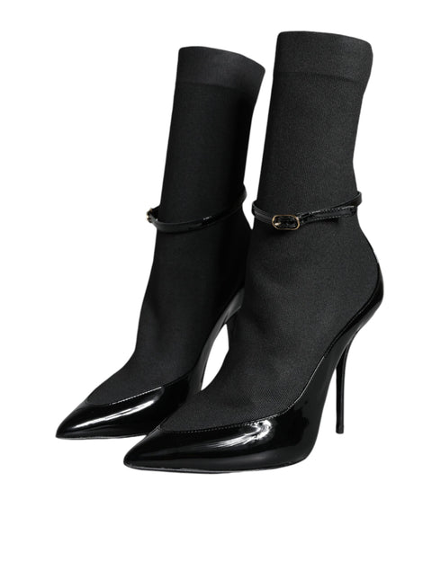 Dolce & Gabbana Sock Ankle Boots – Women's Black Patent Leather Stiletto Booties