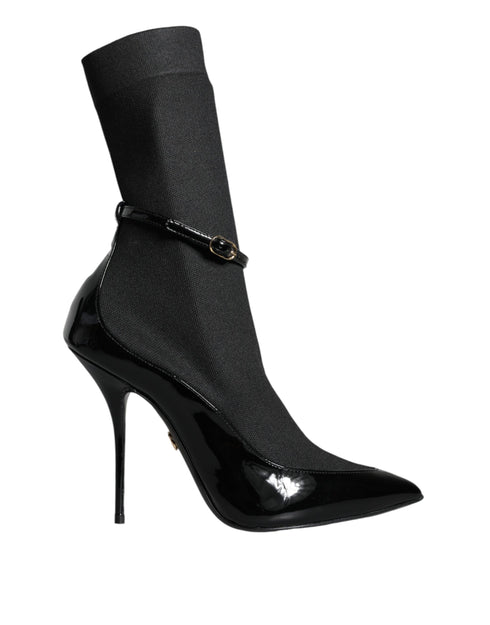 Dolce & Gabbana Sock Ankle Boots – Women's Black Patent Leather Stiletto Booties