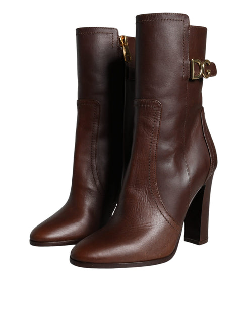 Dolce & Gabbana Women’s Brown Leather Mid Calf Boots – Calfskin Heeled Footwear