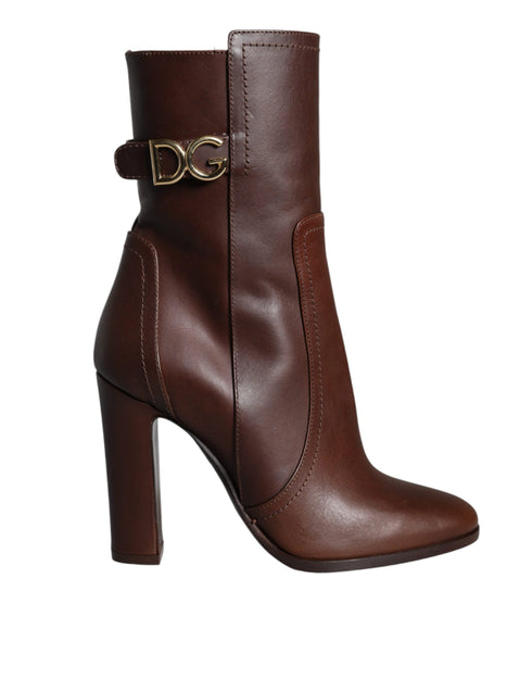 Dolce & Gabbana Women’s Brown Leather Mid Calf Boots – Calfskin Heeled Footwear