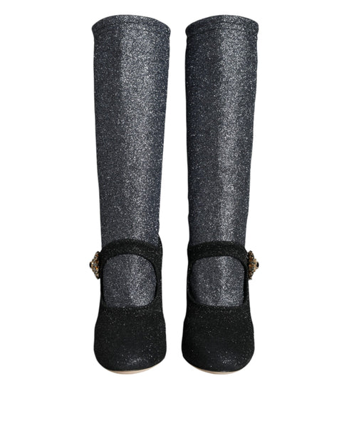 Dolce & Gabbana Women’s Black Crystal Mary Jane Booties – Stretch Mid-Calf Boots