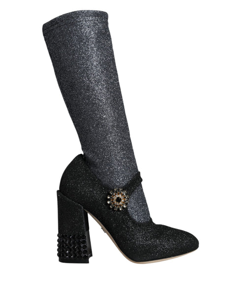 Dolce & Gabbana Women’s Black Crystal Mary Jane Booties – Stretch Mid-Calf Boots