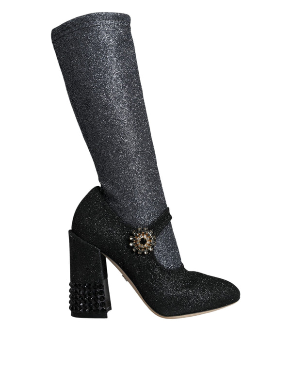 Dolce & Gabbana Women’s Black Crystal Mary Jane Booties – Stretch Mid-Calf Boots