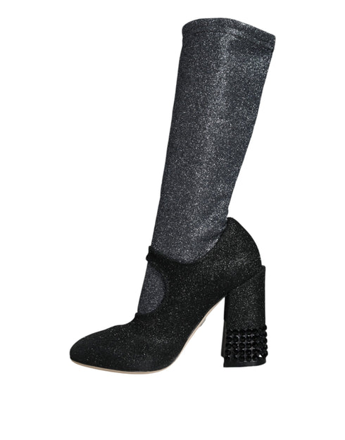 Dolce & Gabbana Women’s Black Crystal Mary Jane Booties – Stretch Mid-Calf Boots
